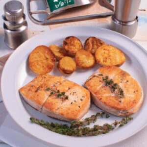Imagem de medalhões de salmão cozidos em uma frigideira Airfryer, cobertos com uma crosta crocante de ervas, servidos em um prato com guarnições de limão e endro.