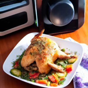 Imagem de um prato com frango crocante e legumes coloridos grelhados em uma Airfryer. O frango tem uma crosta dourada e os legumes parecem suculentos e tentadores, incluindo pimentões vermelhos, cebolas e abobrinhas.