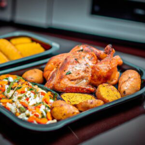 Imagem de um prato de jantar contendo frango grelhado e legumes assados. O frango é dourado e crocante, enquanto os legumes são tenros e caramelizados. A refeição é servida com um molho de ervas ao lado.