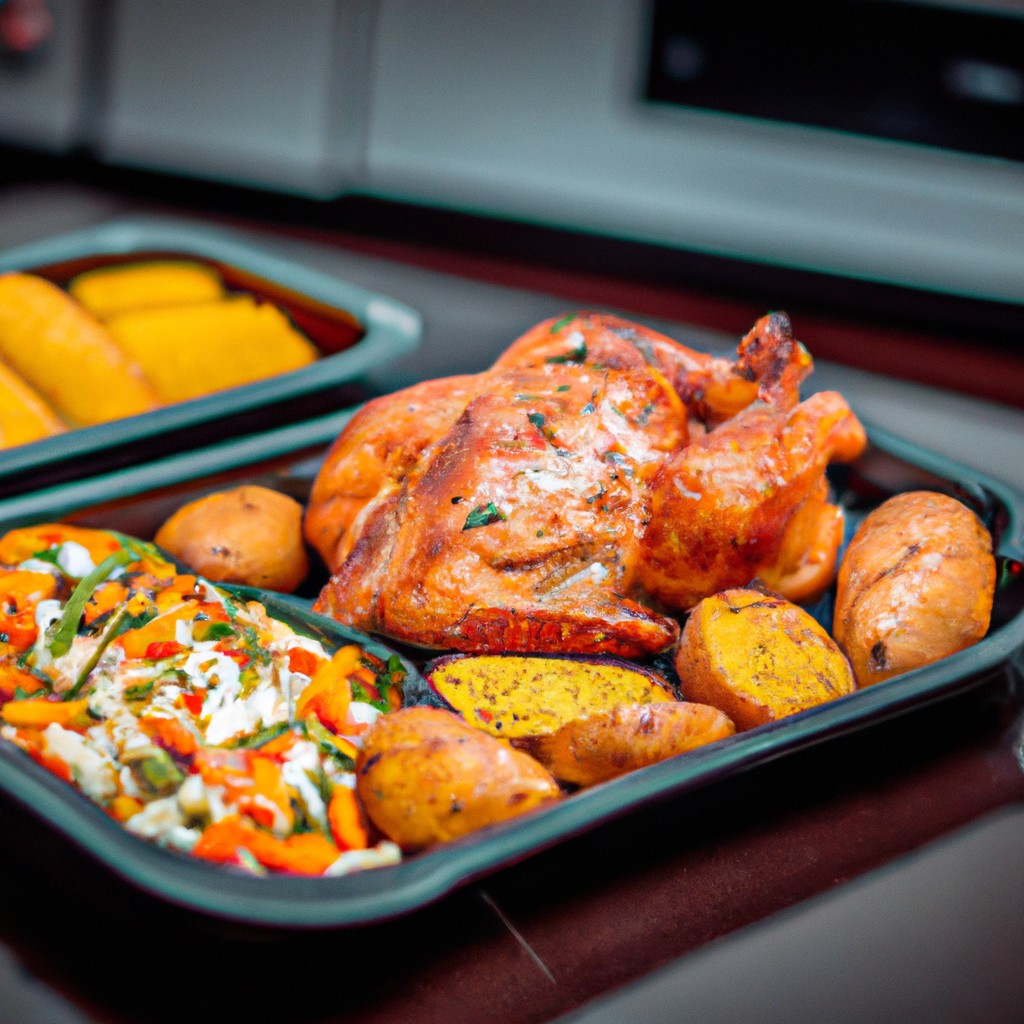 Imagem de um prato de jantar contendo frango grelhado e legumes assados. O frango é dourado e crocante, enquanto os legumes são tenros e caramelizados. A refeição é servida com um molho de ervas ao lado.