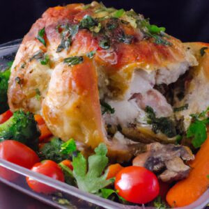Imagem de um frango recheado com ervas e legumes sendo cozido em uma Airfryer. O frango está dourado e crocante, enquanto os legumes estão macios e caramelizados.