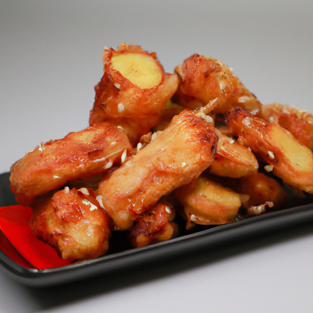 Imagem de um prato com kani empanado e frito na airfryer, acompanhado de molho tarê. O kani está dourado e crocante, com uma aparência deliciosa.