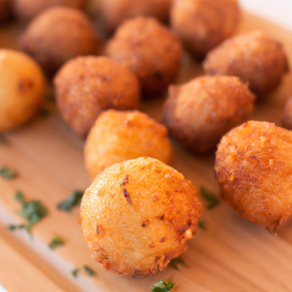 Imagem de uma airfryer cheia de kibes Sadia prontos para serem fritos. O fundo é uma superfície de madeira e a imagem tem um tom quente.