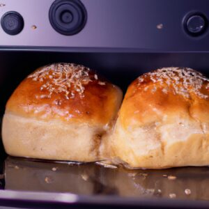 Imagem de um lanche de pão de forma preparado na Airfryer, com recheio de queijo derretido e presunto. O lanche está cortado ao meio, revelando o interior crocante e dourado.
