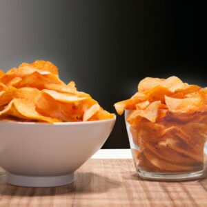 Foto de chips de batata-doce crocantes e dourados, preparados na airfryer. Esses chips caseiros são fáceis de fazer e são um lanche saudável e saboroso.