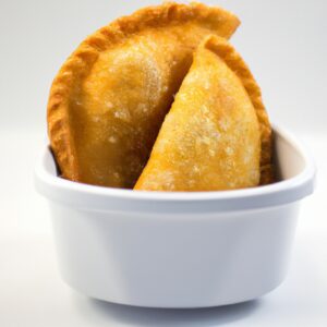 Imagem de empanadas douradas e crocantes, preparadas na Airfryer. As empanadas têm um recheio saboroso, visível através das bordas abertas. Elas são servidas em um prato com um molho de acompanhamento.