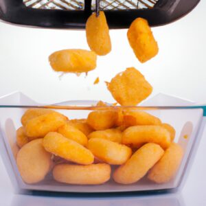 Imagem de uma porção de estalinhos de queijo em uma tigela, feitos na airfryer. Os palitos são dourados e crocantes, com uma textura fofa por dentro. Eles são servidos com um molho de tomate para mergulhar.