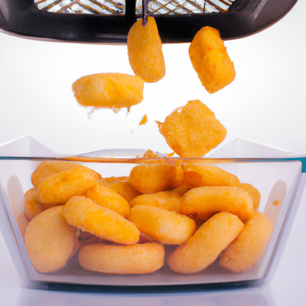 Imagem de uma porção de estalinhos de queijo em uma tigela, feitos na airfryer. Os palitos são dourados e crocantes, com uma textura fofa por dentro. Eles são servidos com um molho de tomate para mergulhar.