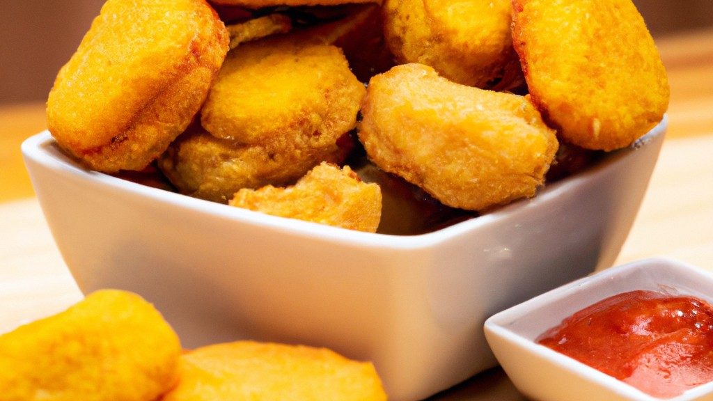 Imagem de nuggets fritos na airfryer, com uma crosta dourada e crocante. Os nuggets são servidos em um prato com um molho de acompanhamento.