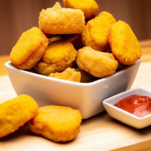 Imagem de nuggets fritos na airfryer, com uma crosta dourada e crocante. Os nuggets são servidos em um prato com um molho de acompanhamento.