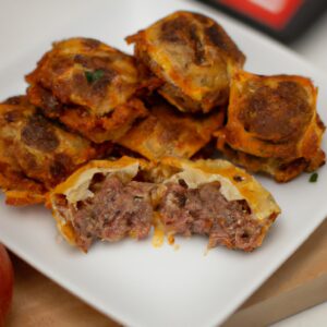 Imagem de uma lasanha bolonhesa feita na Airfryer. A lasanha é feita com camadas de massa de lasanha, molho bolonhesa, queijo e molho branco. A lasanha é assada na Airfryer até ficar dourada e borbulhante.