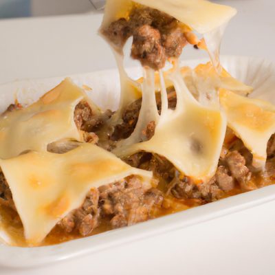 Imagem de uma lasanha Seara sendo preparada em uma airfryer. A lasanha está dourada e borbulhante, e é mostrada ao lado de uma porção de molho marinara.