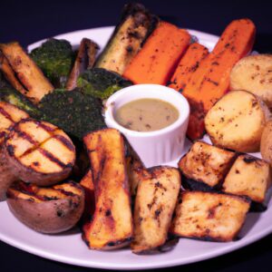Imagem de legumes coloridos, como brócolis, cenoura e batata, assados na Airfryer. Os legumes estão dourados e crocantes, com um fio de azeite por cima.