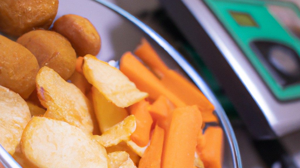 Imagem de uma cesta de legumes coloridos em uma airfryer. Os legumes incluem cenouras, brócolis, couve-flor, pimentões e cebolas. Eles são cozidos à perfeição, crocantes por fora e macios por dentro. Um recipiente com um molho ao lado da cesta para mergulhar. O texto 