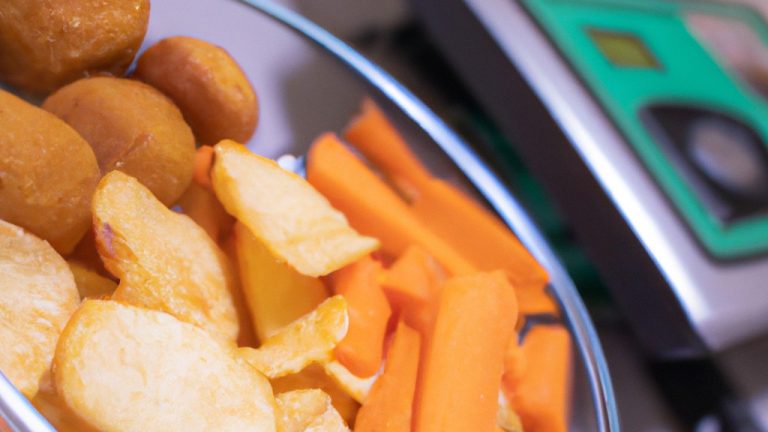 Imagem de uma cesta de legumes coloridos em uma airfryer. Os legumes incluem cenouras, brócolis, couve-flor, pimentões e cebolas. Eles são cozidos à perfeição, crocantes por fora e macios por dentro. Um recipiente com um molho ao lado da cesta para mergulhar. O texto 