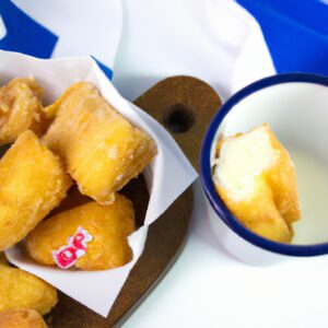 Imagem do alto de uma travessa redonda de vidro refratário transparente contendo leite condensado com coco feito na airfryer. A sobremesa possui uma superfície dourada e cremosa, com uma consistência espessa e apetitosa. O fundo da travessa é visível, mostrando a textura crocante e caramelizada do leite condensado.