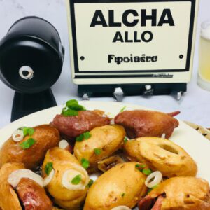 Imagem de uma porção de linguiça acebolada cozida em uma Airfryer, com cebolas caramelizadas e especiarias espalhadas por cima, servida em um prato.
