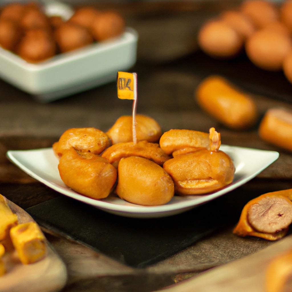 Imagem de uma linguiça calabresa frita ao ar com um ovo frito ao lado. A linguiça é marrom e crocante, e o ovo é amarelo e branco. A linguiça e o ovo estão em um prato branco.