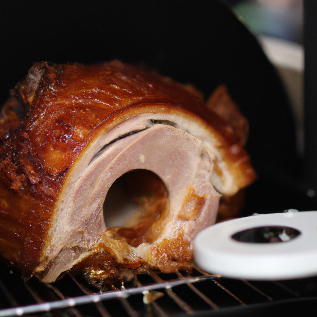 Foto de linguiças de pernil douradas e crocantes em uma cesta da Airfryer. As linguiças são mostradas em diferentes estágios de cozimento, desde cruas até totalmente cozidas. O fundo é desfocado, destacando a textura crocante das linguiças.