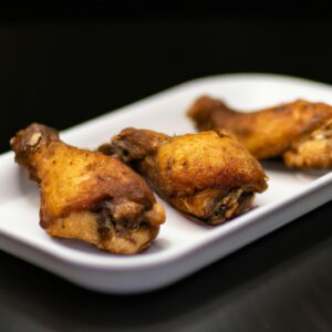 Imagem de uma airfryer com linguiças toscanas de frango recém-cozidas. As linguiças são douradas e crocantes, com marcas de grelha visíveis. Elas estão dispostas em um prato ao lado de uma tigela de molho de tomate.