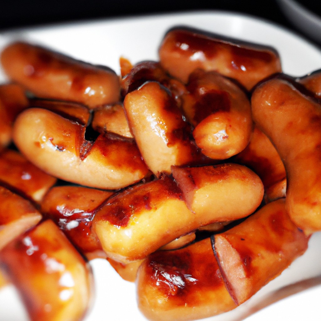 Imagem de linguiças toscanas cozidas em uma Airfryer, com um prato ao lado com rodelas de limão e ervas frescas. As linguiças têm uma cor marrom dourada crocante e estão acompanhadas de uma tigela de molho de tomate.