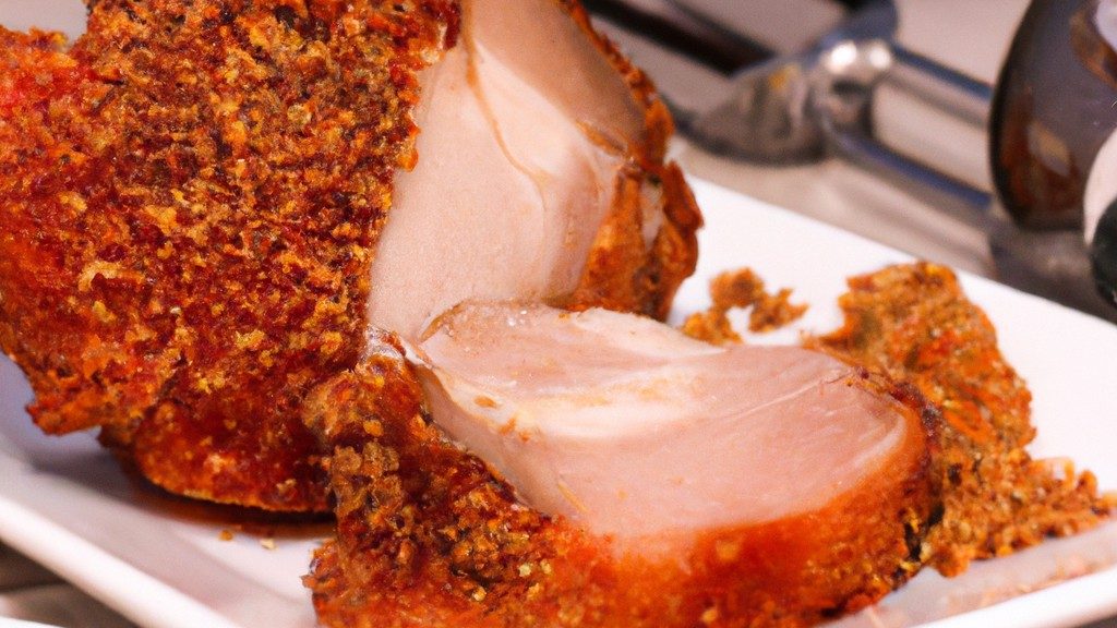 Imagem de lombinho de porco dourado e crocante cozido em uma airfryer, servido em um prato ao lado de vegetais grelhados.