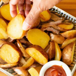 Imagem de um prato com lombo de porco e batatas assadas em uma airfryer. O lombo é dourado e suculento, e as batatas estão crocantes e douradas. A imagem captura o prato de um ângulo superior, mostrando a textura e a cor dos ingredientes.