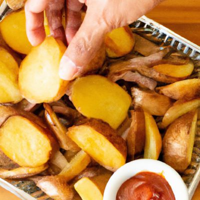 Imagem de um prato com lombo de porco e batatas assadas em uma airfryer. O lombo é dourado e suculento, e as batatas estão crocantes e douradas. A imagem captura o prato de um ângulo superior, mostrando a textura e a cor dos ingredientes.