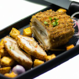 Imagem do prato de lombo de bacalhau cozido na airfryer, com um interior branco e suculento e uma crosta externa dourada e crocante.