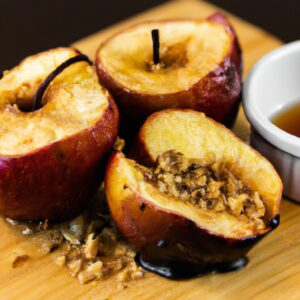 Imagem de uma maçã assada com aveia e mel, preparada na AirFryer. A maçã é cortada ao meio, recheada com aveia, mel e especiarias, e assada até ficar macia e caramelizada.