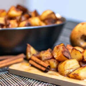 Imagem de uma maçã assada coberta com canela em uma cesta de Airfryer. A maçã está dourada e tem uma calda caramelizada escorrendo por cima.