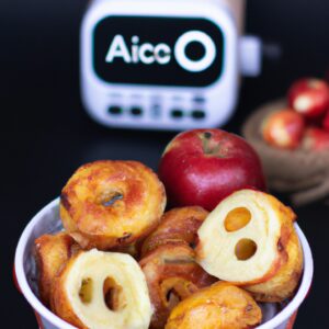 Imagem de maçãs cortadas ao meio e assadas em uma airfryer, com canela polvilhada por cima. A imagem mostra o interior macio e caramelizado das maçãs, com a casca crocante.