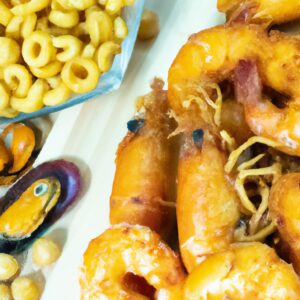 Foto de um prato de Macarronada de Frutos do Mar preparada na Airfryer. O prato contém macarrão, camarões, mexilhões, lulas e vieiras. O macarrão está coberto com um molho de tomate cremoso e polvilhado com queijo parmesão ralado.