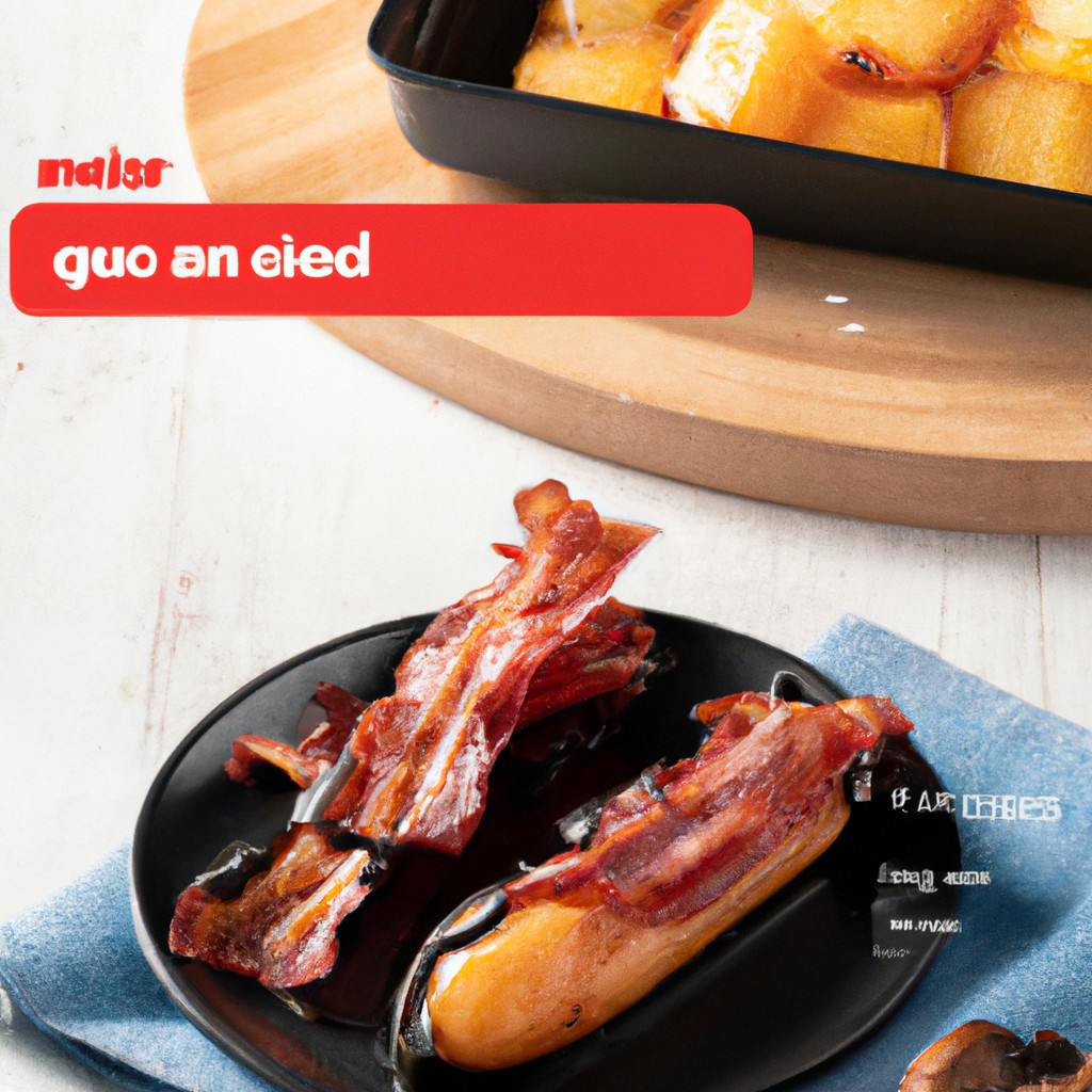 Mandioca Com Bacon Na Airfryer: Pronta Em 25 Minutos 1 Foto de uma cesta de Airfryer cheia de mandioca cozida com tiras de bacon crocantes por cima. A mandioca está dourada e crocante por fora, enquanto por dentro é macia e fofa. As tiras de bacon são crocantes e salgadas, adicionando um sabor saboroso ao prato.