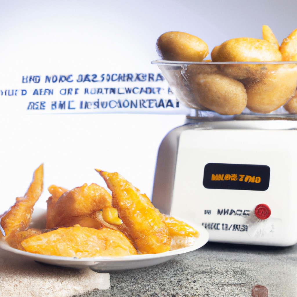 Imagem de mandioca congelada sendo cozida em uma airfryer. A mandioca está cortada em palitos e está dourando na airfryer.