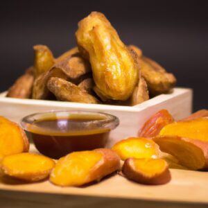 Imagem de uma assadeira cheia de mandioquinhas e batatas doces cortadas em fatias, assadas na Airfryer. As batatas estão crocantes e douradas, com algumas ervas e especiarias polvilhadas por cima.