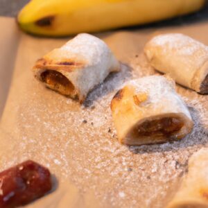 Imagem de massa folhada crocante assada na Airfryer, recheada com fatias de banana caramelizadas e polvilhada com açúcar de confeiteiro.