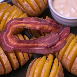 Imagem de um medalhão de batata dourado e crocante cozido em uma airfryer, coberto com bacon crocante e cebola roxa em conserva.