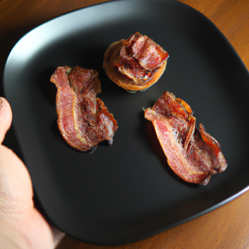 Foto de um medalhão de filé mignon envolto em bacon, cozido em uma Airfryer. O medalhão é dourado e crocante por fora e suculento e rosado por dentro. Ele é guarnecido com alecrim fresco e servido com um molho de sua preferência.