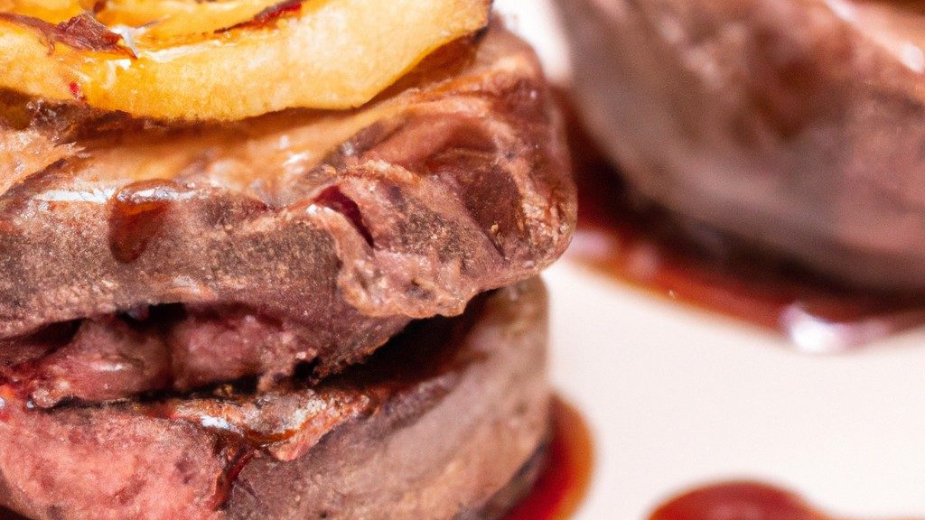Imagem de um medalhão de filé mignon cozido na Airfryer, com crosta dourada e um interior suculento. O medalhão está em um prato branco com guarnições de aspargos e cenouras.