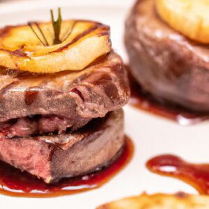 Imagem de um medalhão de filé mignon cozido na Airfryer, com crosta dourada e um interior suculento. O medalhão está em um prato branco com guarnições de aspargos e cenouras.