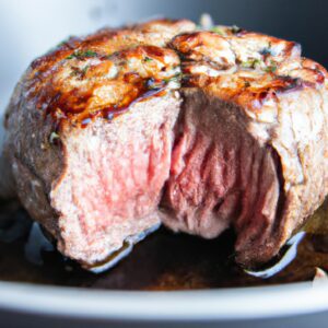 Imagem de um medalhão de filé mignon suíno dourado e crocante, cozido em uma airfryer. A carne é suculenta e tenra por dentro, com uma crosta externa crocante. O medalhão é servido em um prato com guarnições de vegetais, como aspargos e cenouras.
