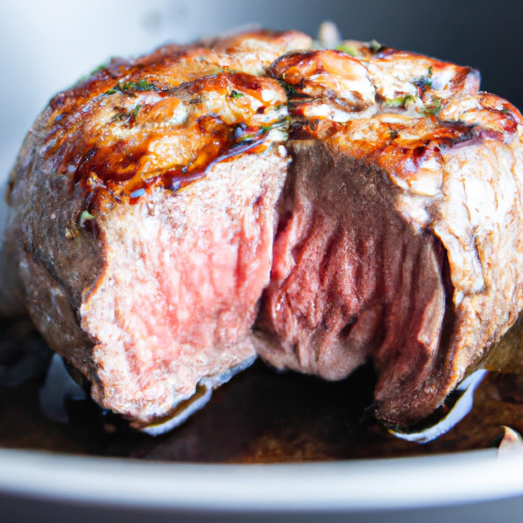 Medalhão De Filé Mignon Suíno Na Airfryer: Receita Super Fácil 1 Imagem de um medalhão de filé mignon suíno dourado e crocante, cozido em uma airfryer. A carne é suculenta e tenra por dentro, com uma crosta externa crocante. O medalhão é servido em um prato com guarnições de vegetais, como aspargos e cenouras.