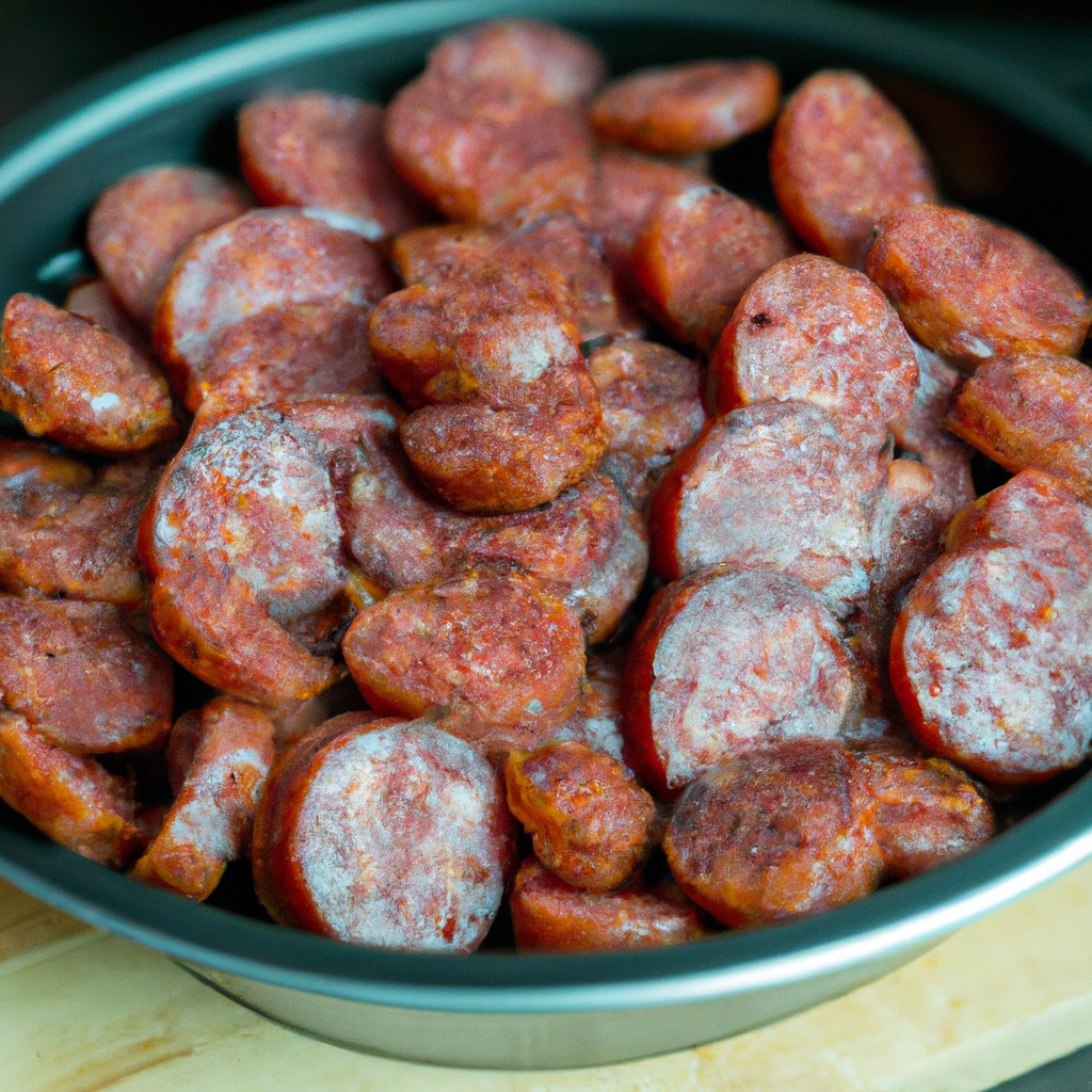 Imagem de um medalhão de linguiça dourado e crocante cozido em uma Airfryer. A linguiça é coberta com ervas e especiarias e servida sobre uma cama de arroz.