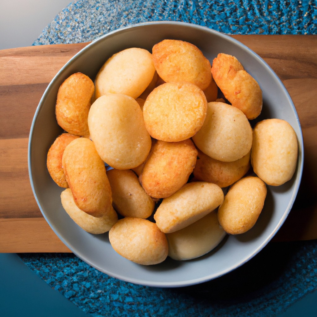 Imagem de um medalhão de mandioca com queijo assado em uma Airfryer. O medalhão é dourado e crocante, com queijo derretido e borbulhante no topo. A mandioca é macia e fofa por dentro.