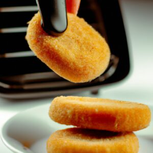 Imagem de um medalhão de queijo coalho dourado e crocante, feito na Airfryer. O queijo está derretido e borbulhando, com uma crosta externa crocante. O medalhão é servido em um prato com um fio de mel escorrendo por cima.