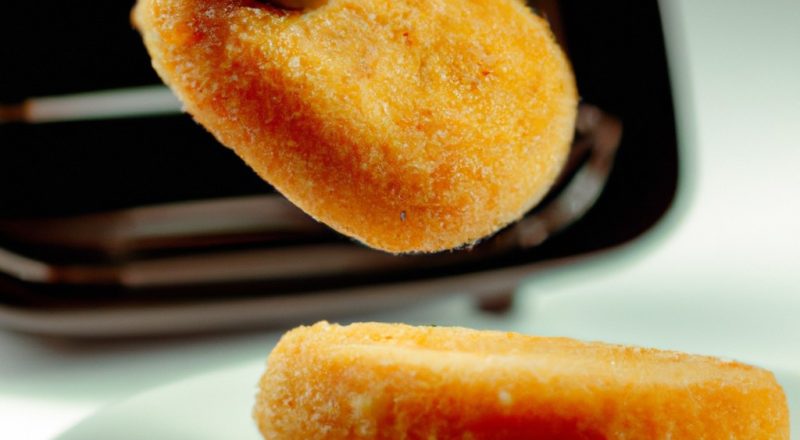 Imagem de um medalhão de queijo coalho dourado e crocante, feito na Airfryer. O queijo está derretido e borbulhando, com uma crosta externa crocante. O medalhão é servido em um prato com um fio de mel escorrendo por cima.
