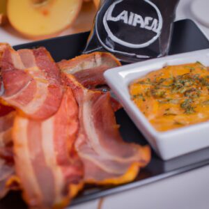 Uma foto de medalhões de porco fritos crocantes em uma Airfryer, cobertos com bacon crocante, ervas e uma pitada de limão para um toque cítrico.
