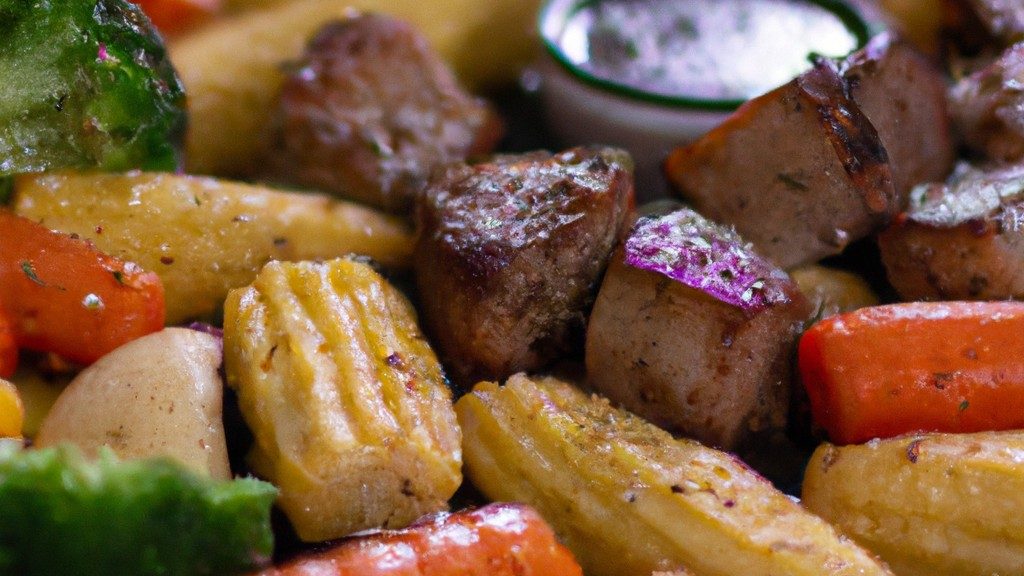 Foto de uma frigideira de ar cheia de mignon suíno assado e legumes. O mignon suíno é suculento e dourado, e os legumes estão tenros e coloridos. A imagem é apetitosa e mostra uma refeição saudável e deliciosa.