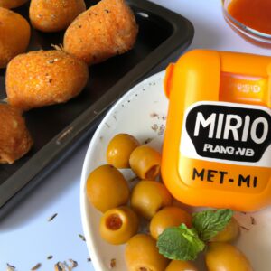 Imagem de espigas de milho grelhadas em uma cesta de fritadeira de ar, cobertas com uma mistura de mel e mostarda.